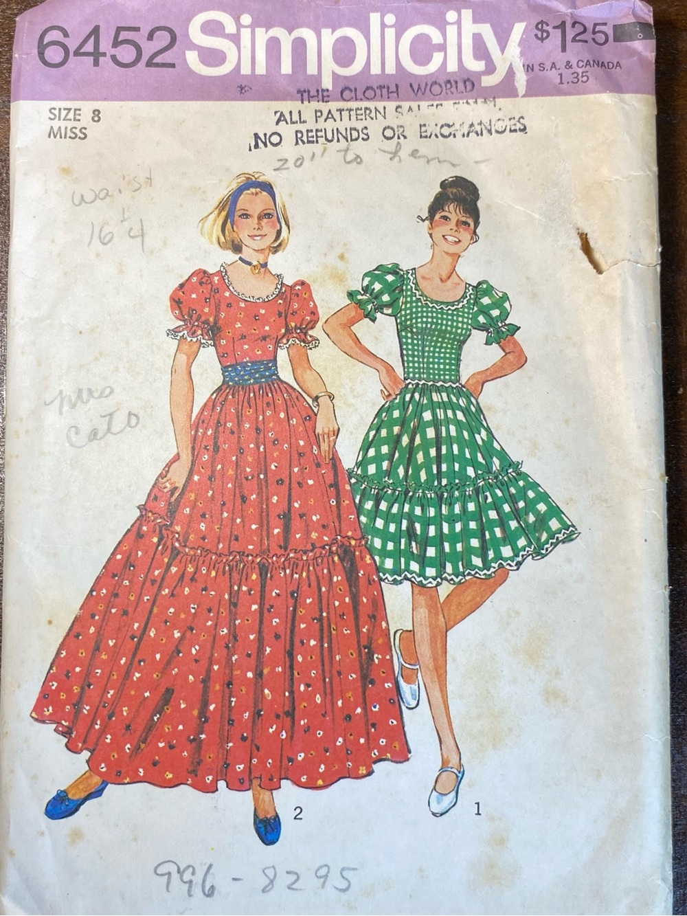 VTG 1970s Simplicity Pattern 6452 Prairie Dress Gingham Maxi Puff Sleeve 8 CUT
